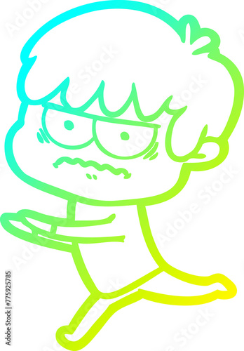 cold gradient line drawing of a annoyed cartoon boy