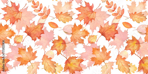 Watercolor seamless pattern. Autumn falling leaves. Autumnal foliage fall and orange maple leaves flying in wind motion blur. © Elena