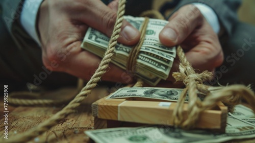A person holding a bundle of money tied to a rope. Suitable for finance or investment concepts photo