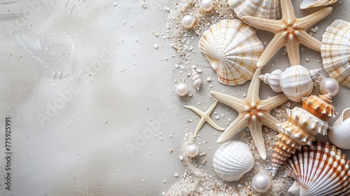 pearl, sea shells, and starfish on a sand background with space for text. Summer beach concept.