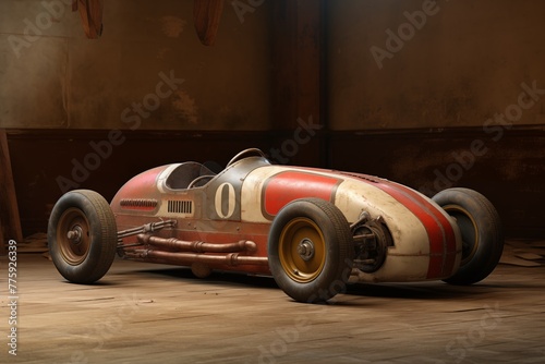 vintage race car with number zero in rustic wooden garage setting