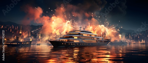 Cruise ship in the sea with fire and smoke. 3d rendering