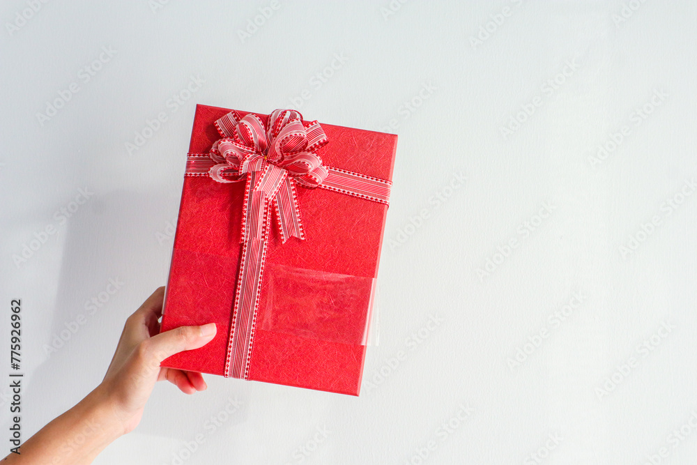 Young woman holding gift box with red satin ribbon bow. Young woman holding gift box with red satin ribbon bow.