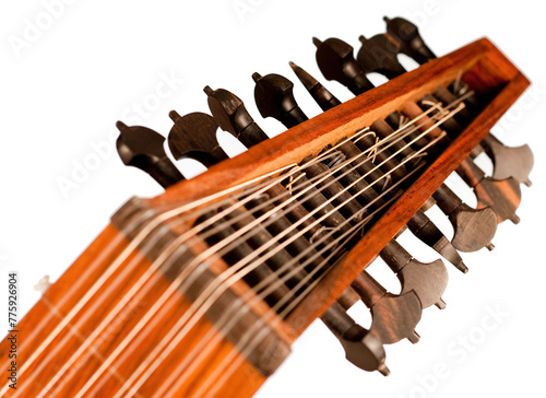 A closeup view of the headstock of a lute, showcasing its intricate wooden construction and the strings running across the fretboard. The tuning pegs are visible, offering a glimpse into the meticulou