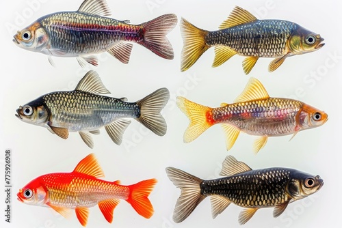 Group of various colored fish on a plain white background. Suitable for aquatic themes