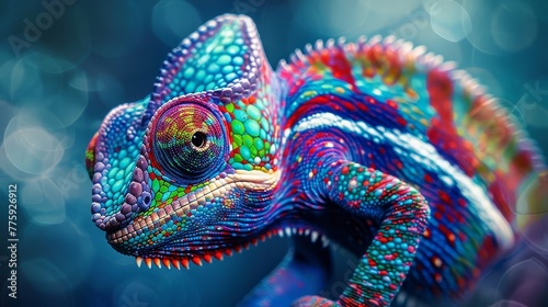 A colorful chameleon, blending seamlessly into its surroundings with its ability to change colors to match its environment. © Haseeb