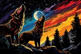 majestic wolves howling at full moon against a vibrant twilight sky