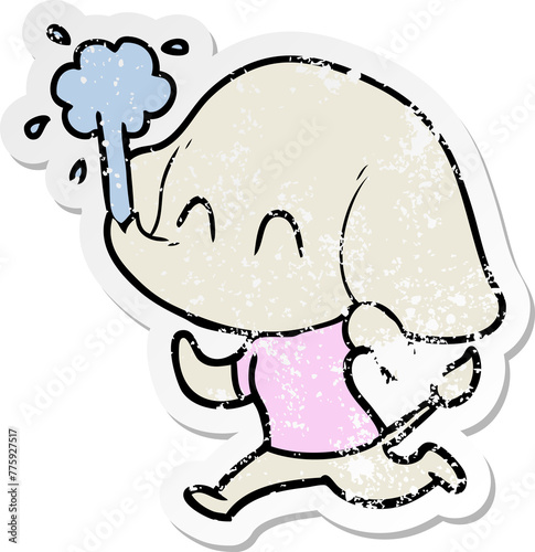 distressed sticker of a cute cartoon elephant spouting water photo