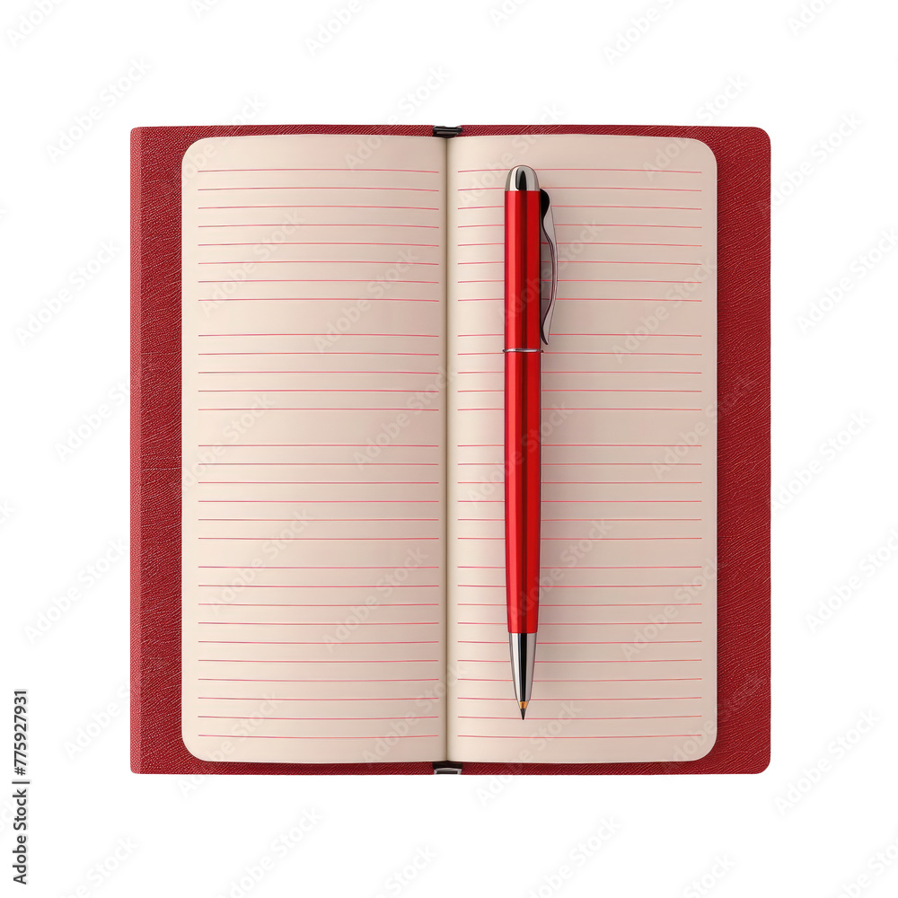 A close up of a red notebook with a pen on top - obrazy, fototapety, plakaty 