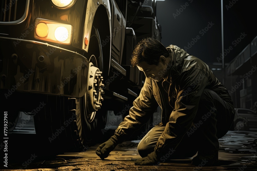 Fototapeta premium A worker inspecting the catalytic converter on a truck