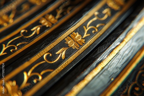 A detailed view of a black and gold bench. Perfect for furniture or interior design concepts