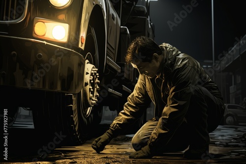 A worker inspecting the catalytic converter on a truck photo