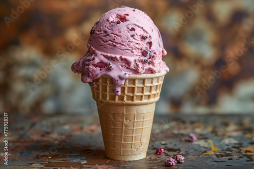 Raspberry ice cream in cone on rustic table, candy, chocolate, ice cream sundae, dairy product, strawberry