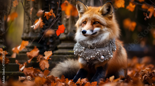 Picture a fashionable fox in a faux fur stole, accessorized with pearl earrings and a velvet choker. Against a backdrop of autumn leaves, it exudes woodland elegance and timeless style. Mood: refined 