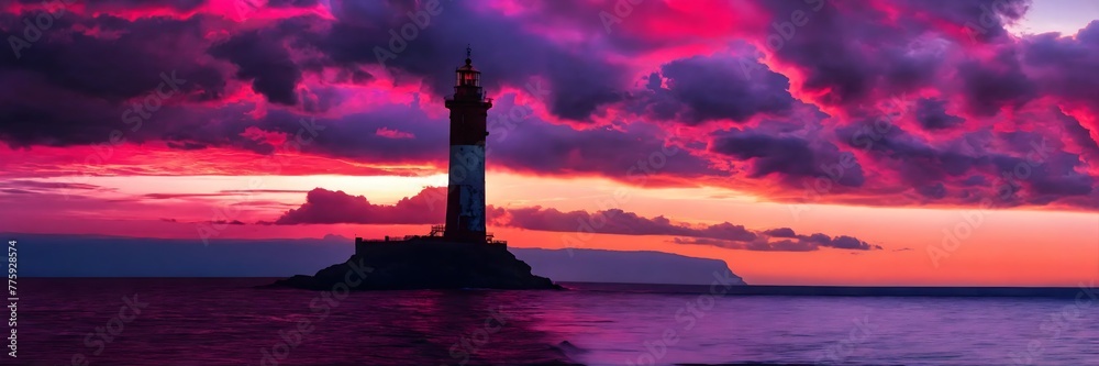 Majestic Lighthouse Standing Resilient Against a Vibrant Sunset Sky.