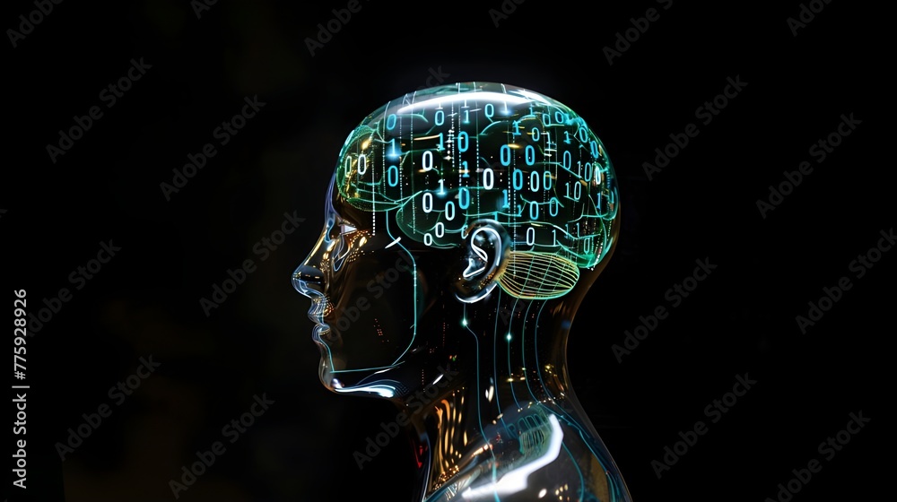 brain inside head with binary code written on it on a black background, artificial intelligence, ai brain inside head with binary code written on it on a black background, artificial intelligence, ai