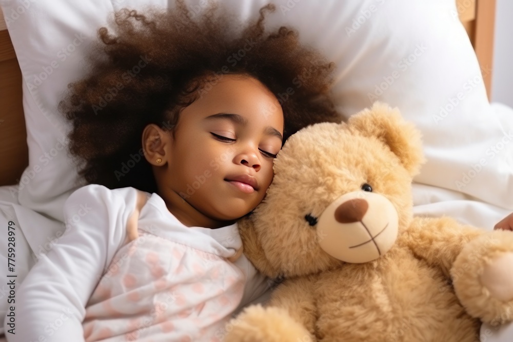 Toddler girl in shirt sleeps sweetly in company of best friend teddy bear seeing pleasant dreams Toddler girl in shirt sleeps sweetly in company of best friend teddy bear seeing pleasant dreams