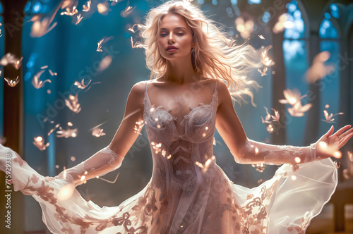 Woman in Flowing Dress with Butterflies: Ethereal Beauty
