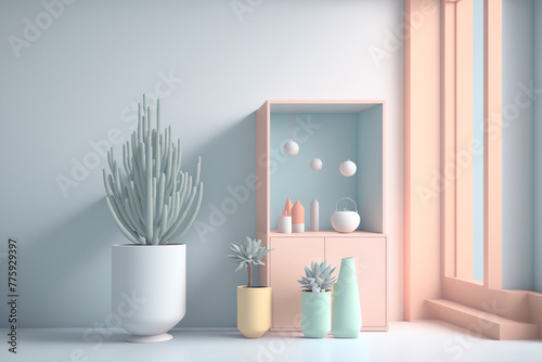 Pastel interior pink blue 3D room geometric design photo