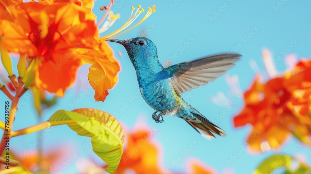 Beautiful hummingbird captured in flight near a colorful flower. Perfect for nature and wildlife themes