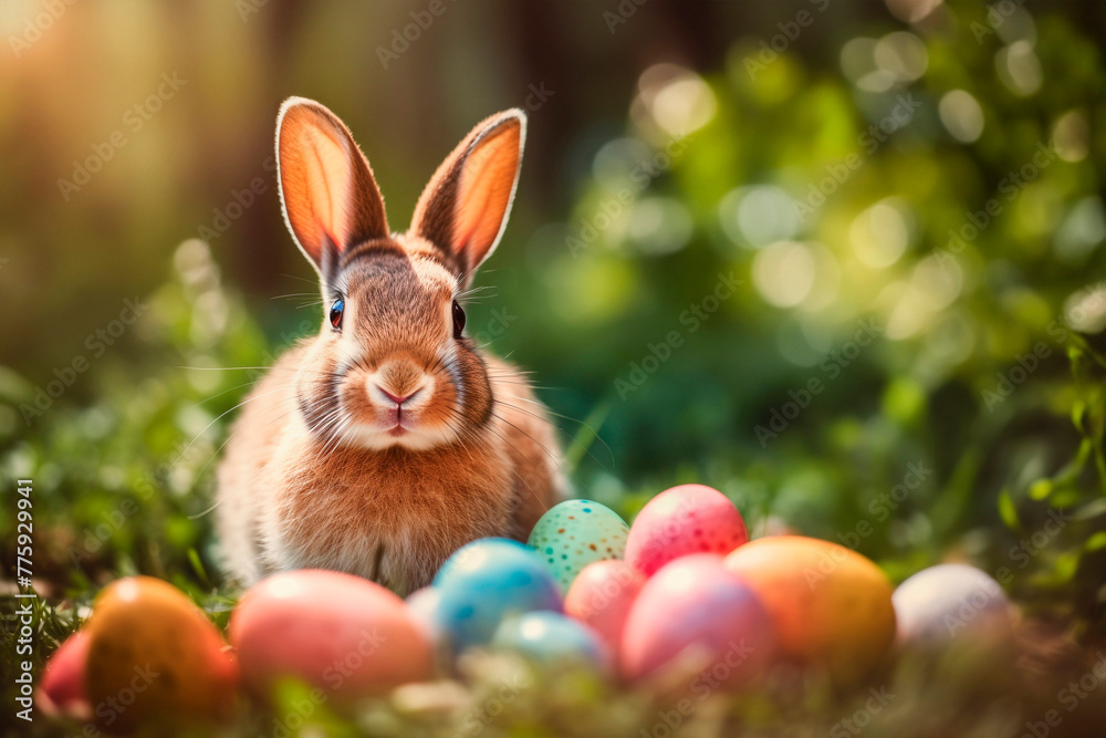 Easter bunny sitting outdoors in the grass with Easter eggs Easter bunny sitting outdoors in the grass with Easter eggs