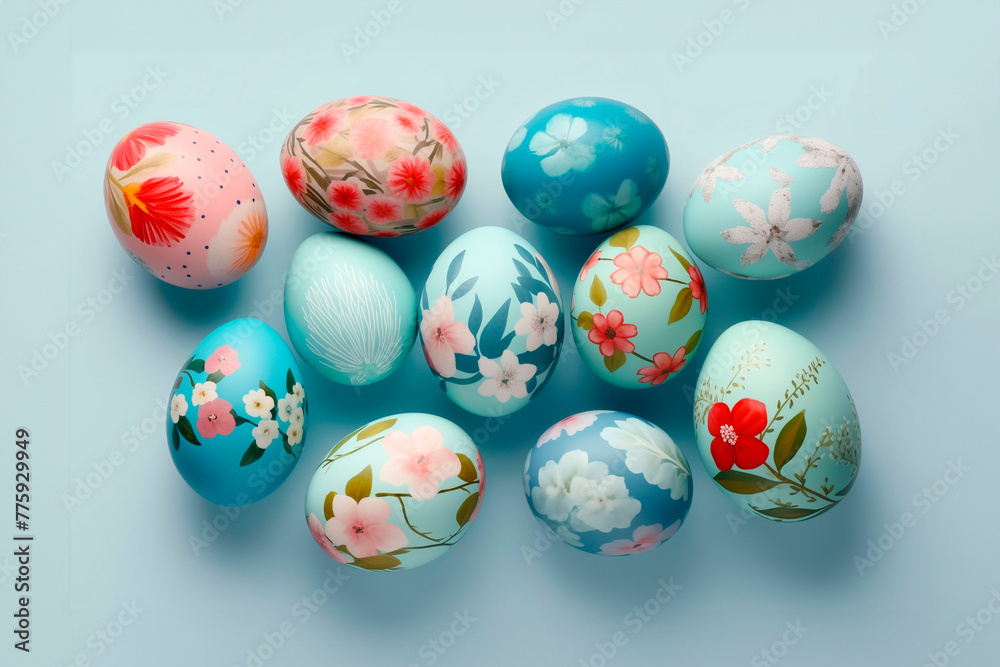 painted easter eggs isolated on a blue background top view painted easter eggs isolated on a blue background top view
