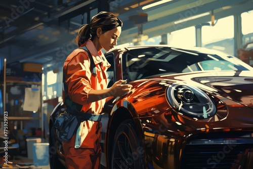 A woman is hard at work painting a car in a busy body shop, focusing intently on ensuring a flawless finish. She is surrounded by tools and equipment essential for the painting process