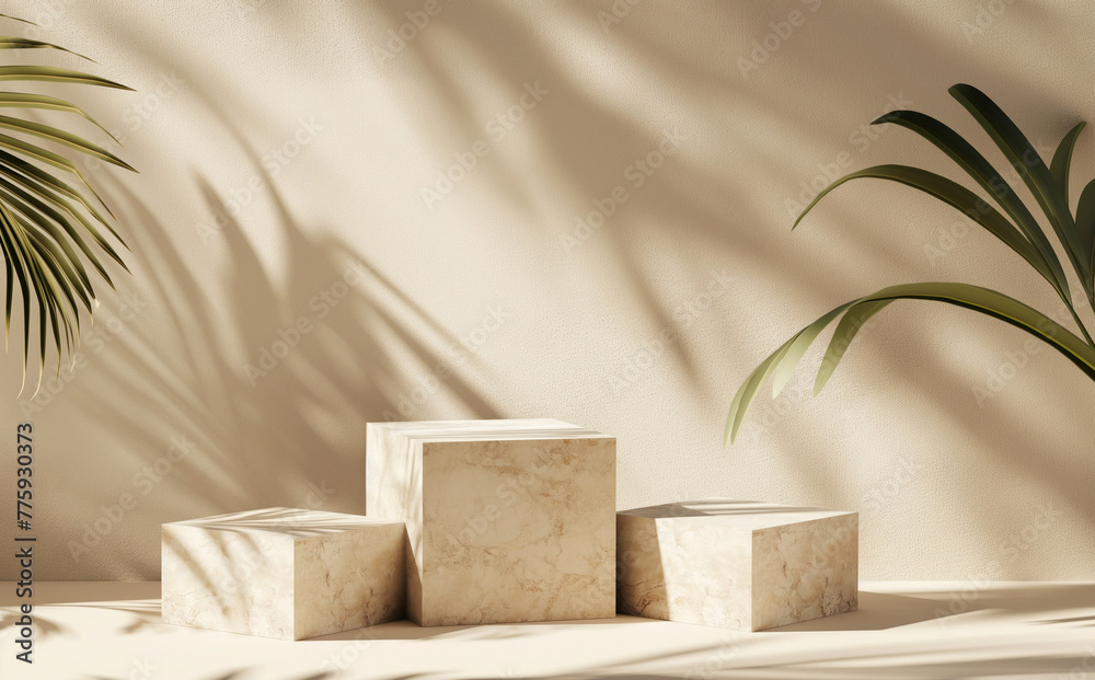 3 beige marble platforms and images with plants and shadows mockup