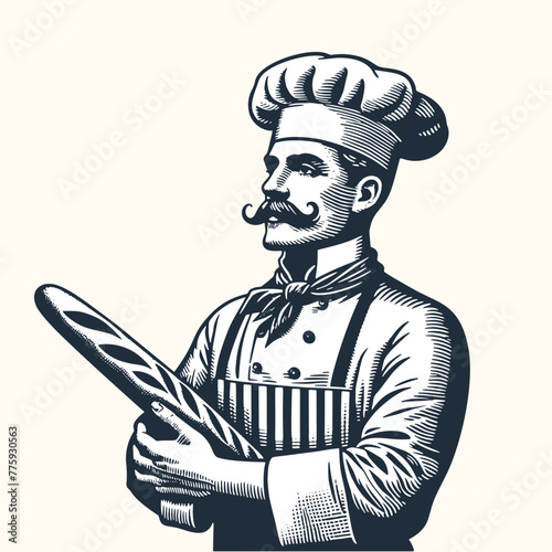French Baker with Magnificent Facial Hair Holding a Baguette. Vintage woodcut engraving style vector illustration.