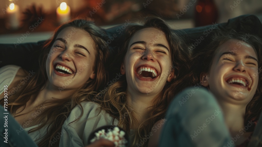 Three girls having fun watching a movie, suitable for entertainment industry promotion Three girls having fun watching a movie, suitable for entertainment industry promotion