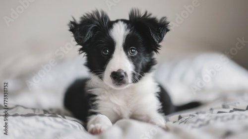 A black and white dog resting on a bed, suitable for pet-related designs © Fotograf