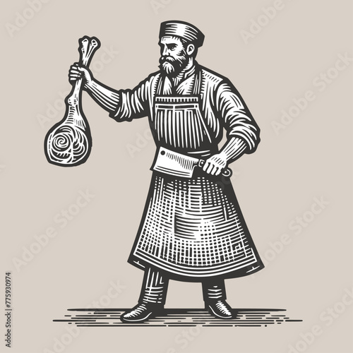 Butcher holding a Beef Shoulder. Vintage woodcut linocut style vector illustration.