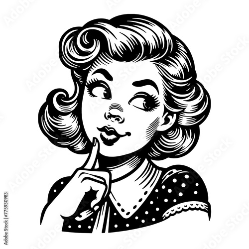 Retro Girl. Vintage woodcut linocut style vector illustration.