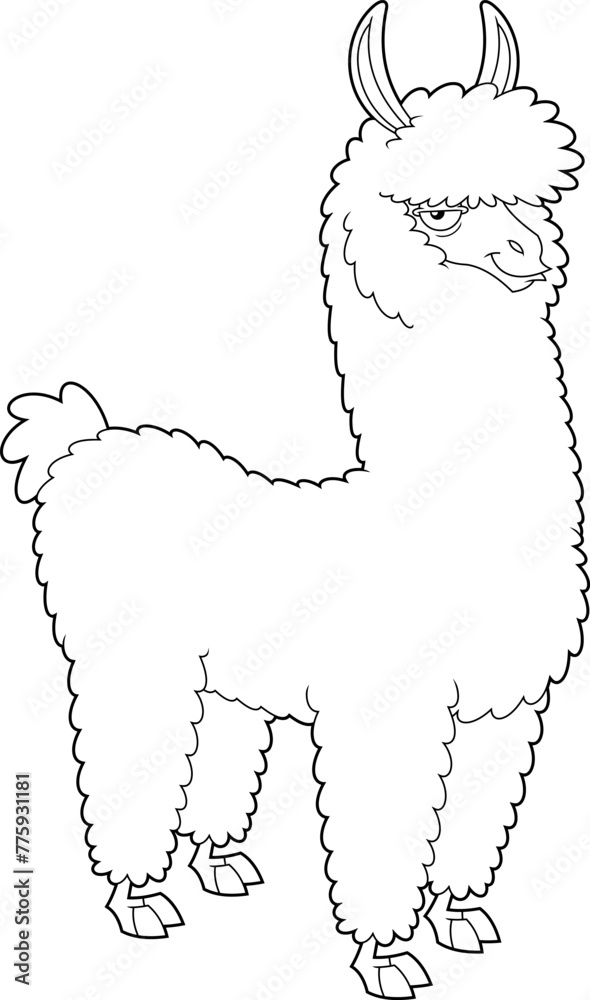 Fototapeta premium Outlined Llama Animal Cartoon Character. Vector Hand Drawn Illustration Isolated On Transparent Background