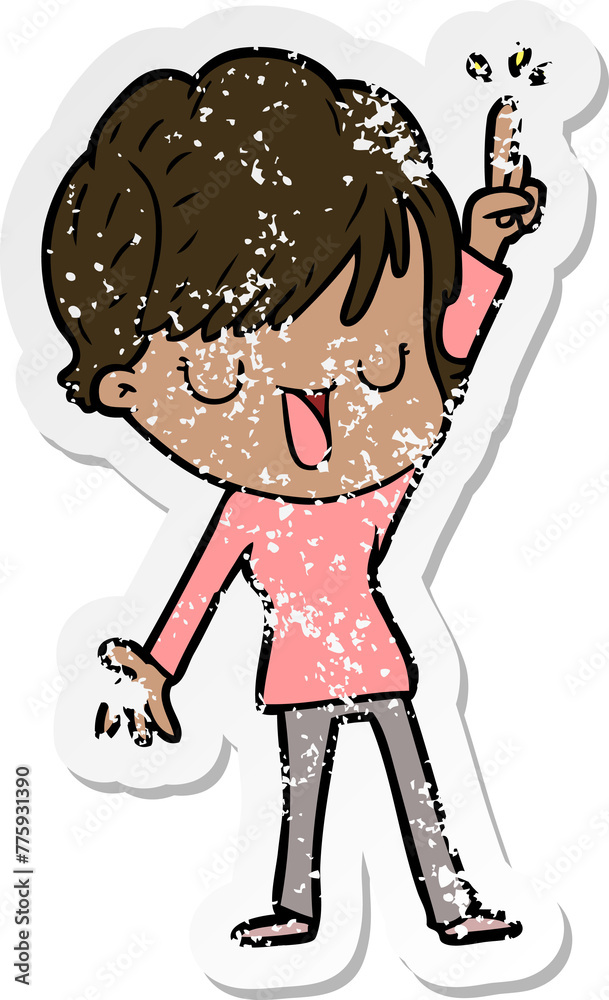 distressed sticker of a cartoon happy woman distressed sticker of a cartoon happy woman