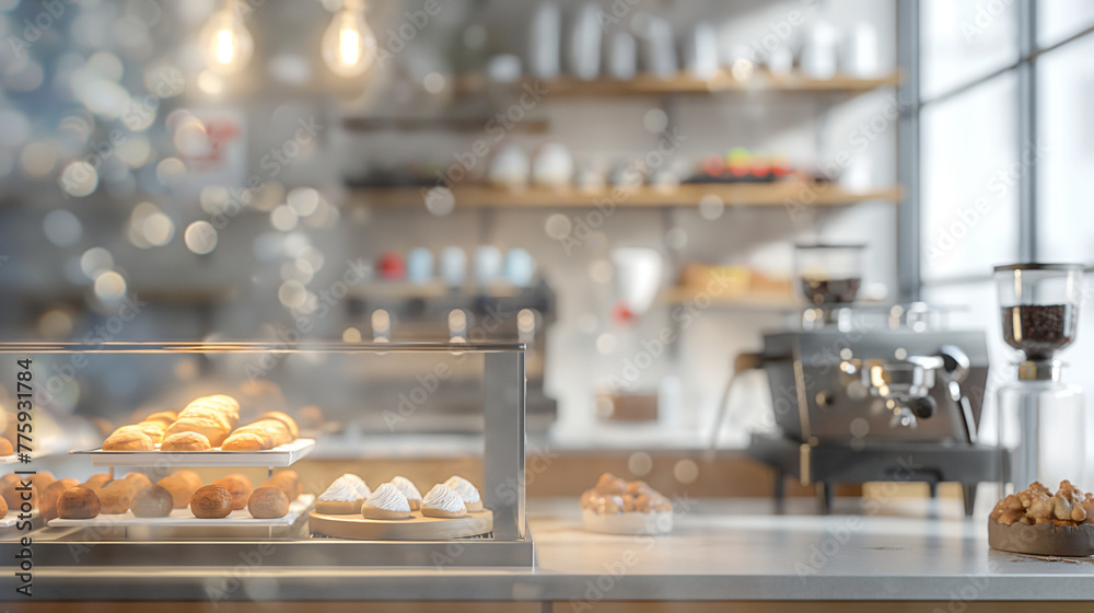 Closeup of a display case with pastries and a coffee machine in the background