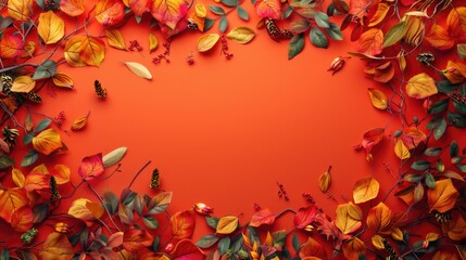 Red background with border of autumn leaves, suitable for fall-themed designs