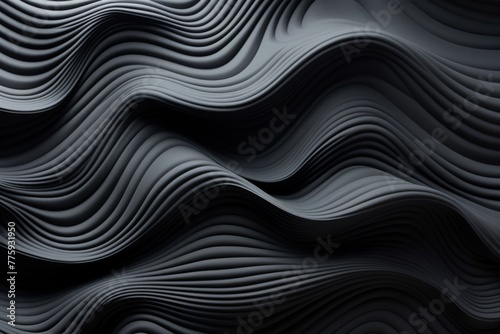 This abstract design features a black background with smoothly flowing wavy lines. The lines vary in thickness and direction, creating a dynamic and visually striking pattern