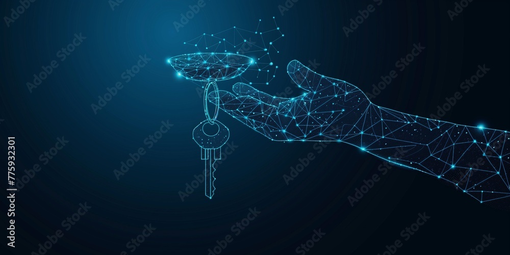 Hand of a 3D agent holding a plate and keys. Real estate, rental, sale or investment concept. Abstract low poly wireframe with connected dots and lines