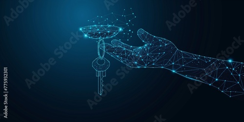 Hand of a 3D agent holding a plate and keys. Real estate, rental, sale or investment concept. Abstract low poly wireframe with connected dots and lines