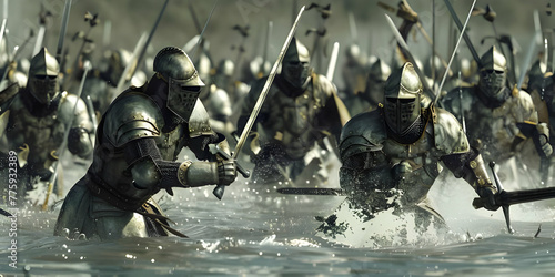 Troops in a battle field with swords and defensive wear, Epic Water Conflict Waves of Battle photo