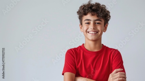 A happy young boy wearing a red shirt, suitable for family and lifestyle concepts