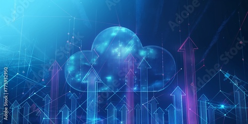 Abstract cloud storage icon with arrows up and down and Japanese candlesticks as stock market or trading concept. Graph chart on technology blue background. Low poly wireframe vector illustration. 1