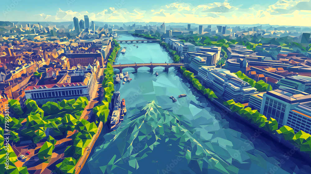 Fototapeta premium A city with a river running through it. The water is calm and the sky is clear. The city is bustling with activity and the boats are moving along the river