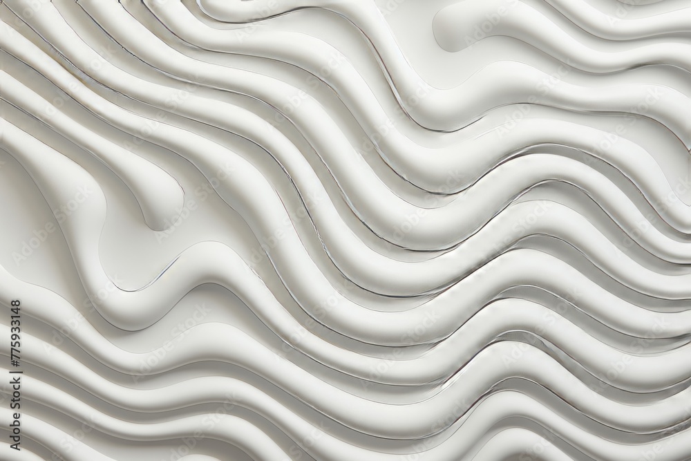 Fototapeta premium Detailed view of a white wall with wavy lines creating a dynamic pattern. The lines are smoothly curved and evenly spaced, adding texture to the otherwise plain surface