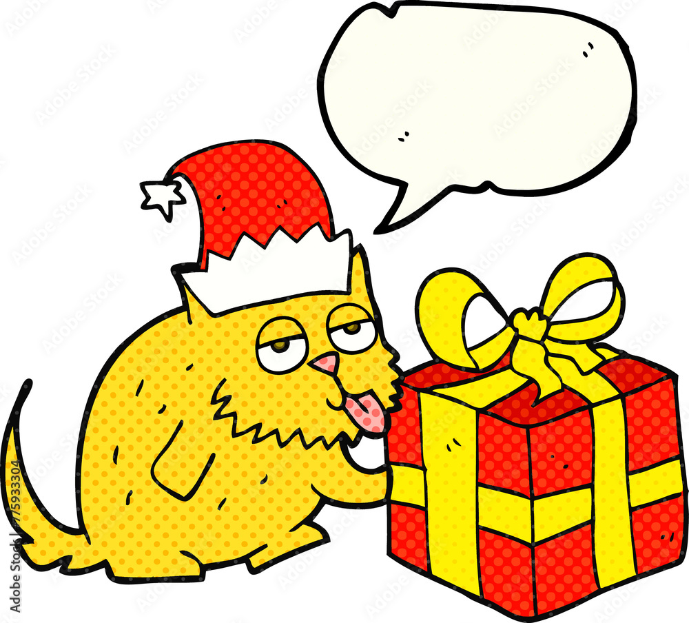 freehand drawn comic book speech bubble cartoon cat with present freehand drawn comic book speech bubble cartoon cat with present