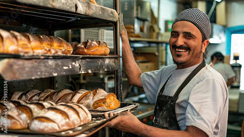 smiling baker with a tray of bread taken out of the oven 