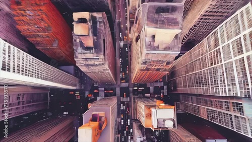 A city view from above with tall buildings and cars. Scene is busy and bustling