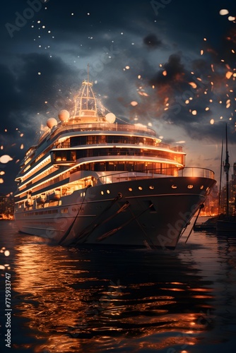 Cruise ship in the port at night. 3d rendering. © Iman