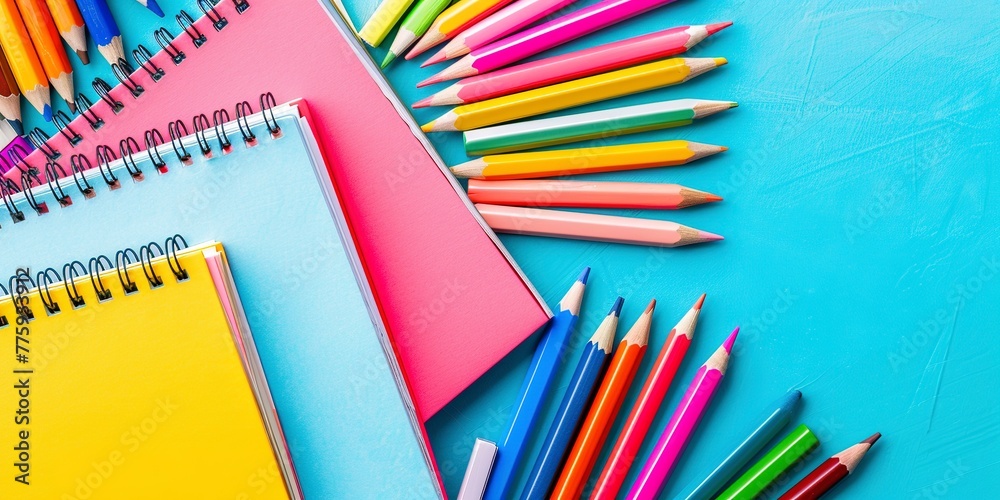 Fototapeta premium Pencils and notebooks, top view, vibrant colors for back-to-school banner 